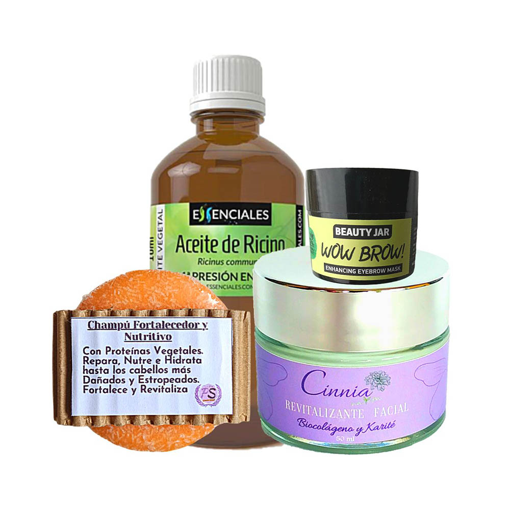 Pack Belleza BIO. Cara, Cabello y Cejas. Crema Facial, Aceite de Ricino, Champú Sólido Fortalecedor