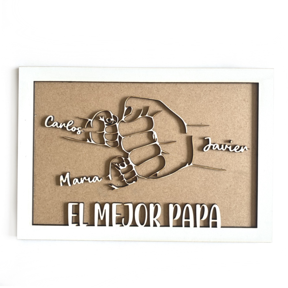 Cuadro Papá con puños de madera personalizada con nombres de familia 
