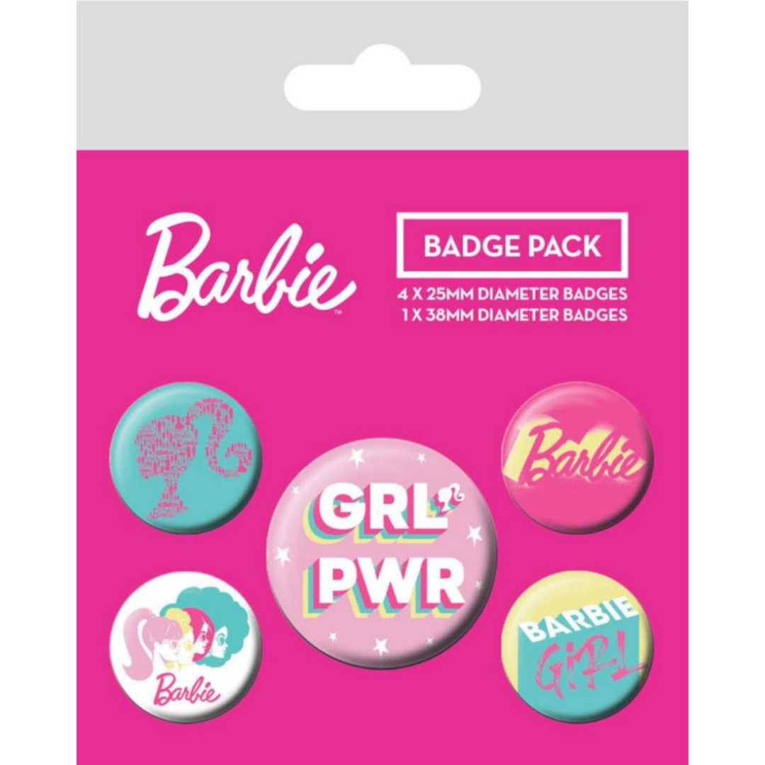 Pyramid Pack 5 Chapas Broches Pins Pyramid  Barbie, Con Imperdible Parte Trasera, 1 de 38mm y 4 de 25mm