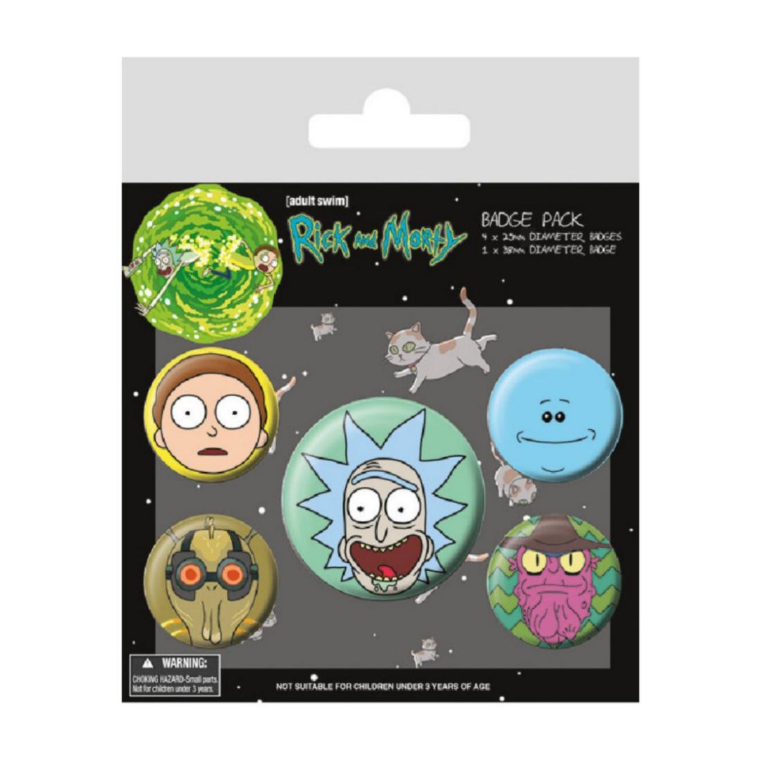 Pyramid Pack 5 Chapas Broches Pins Pyramid  Anime Rick And Morty, Con Imperdible Parte Trasera, 1 de 38mm y 4 de 25mm