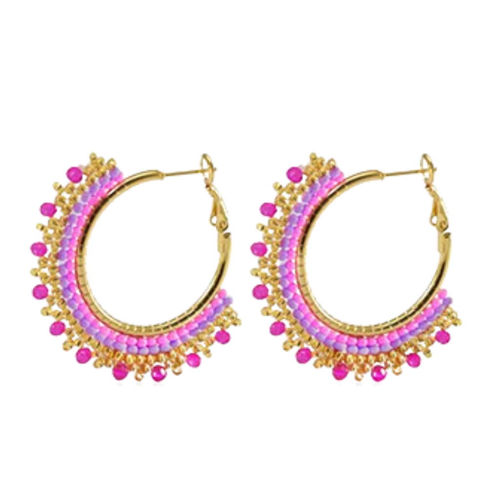 Pendientes acero inoxidable dorado abalorios rosa y morado 1