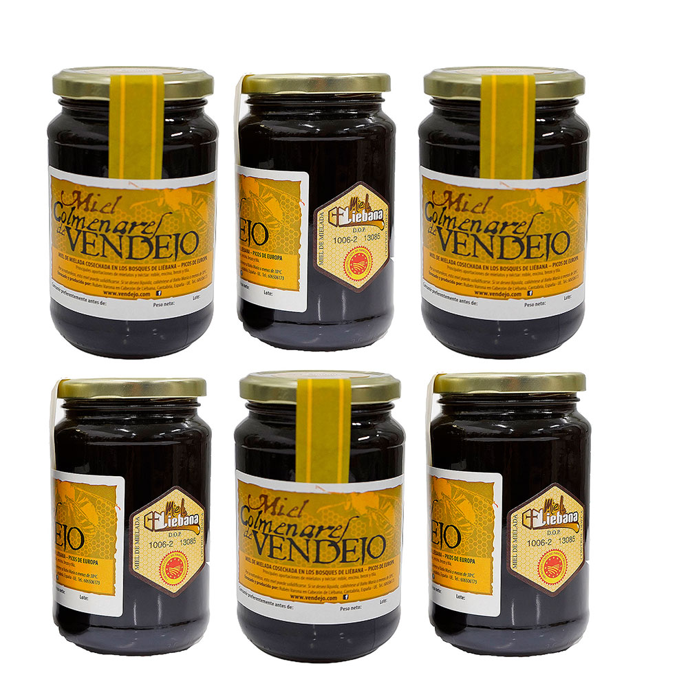 miniatura Pack de 6 tarros de medio kilogramo de miel de bosque Colmenares de Vendejo, miel de Liébana, Cantabria