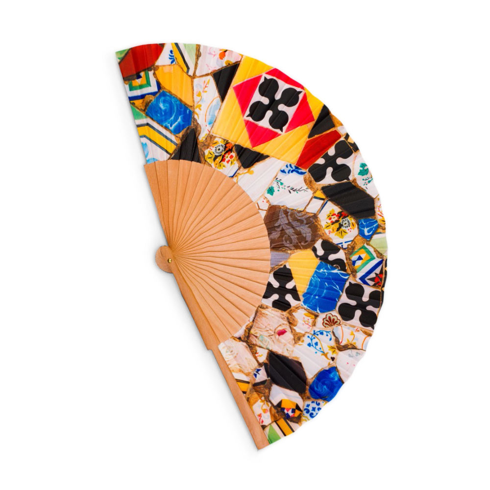 Abanico de madera y tela, exclusivo, moderno, composición geométrica. Hecho a mano.