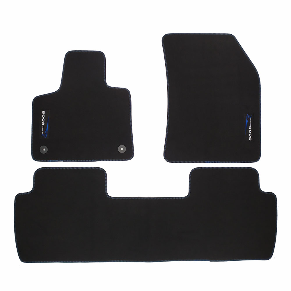 Car Lux Alfombrillas en moqueta premium velour con costura azul y logo para Peugeot 5008 II desde 2017