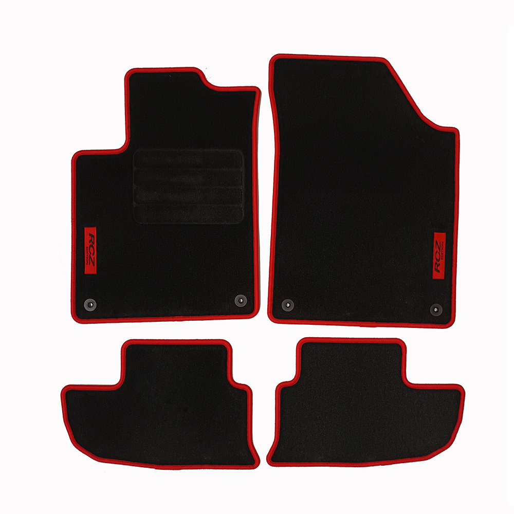 Car Lux Alfombrillas a medida para PEUGEOT RCZ en moqueta velour con borde rojo y logo