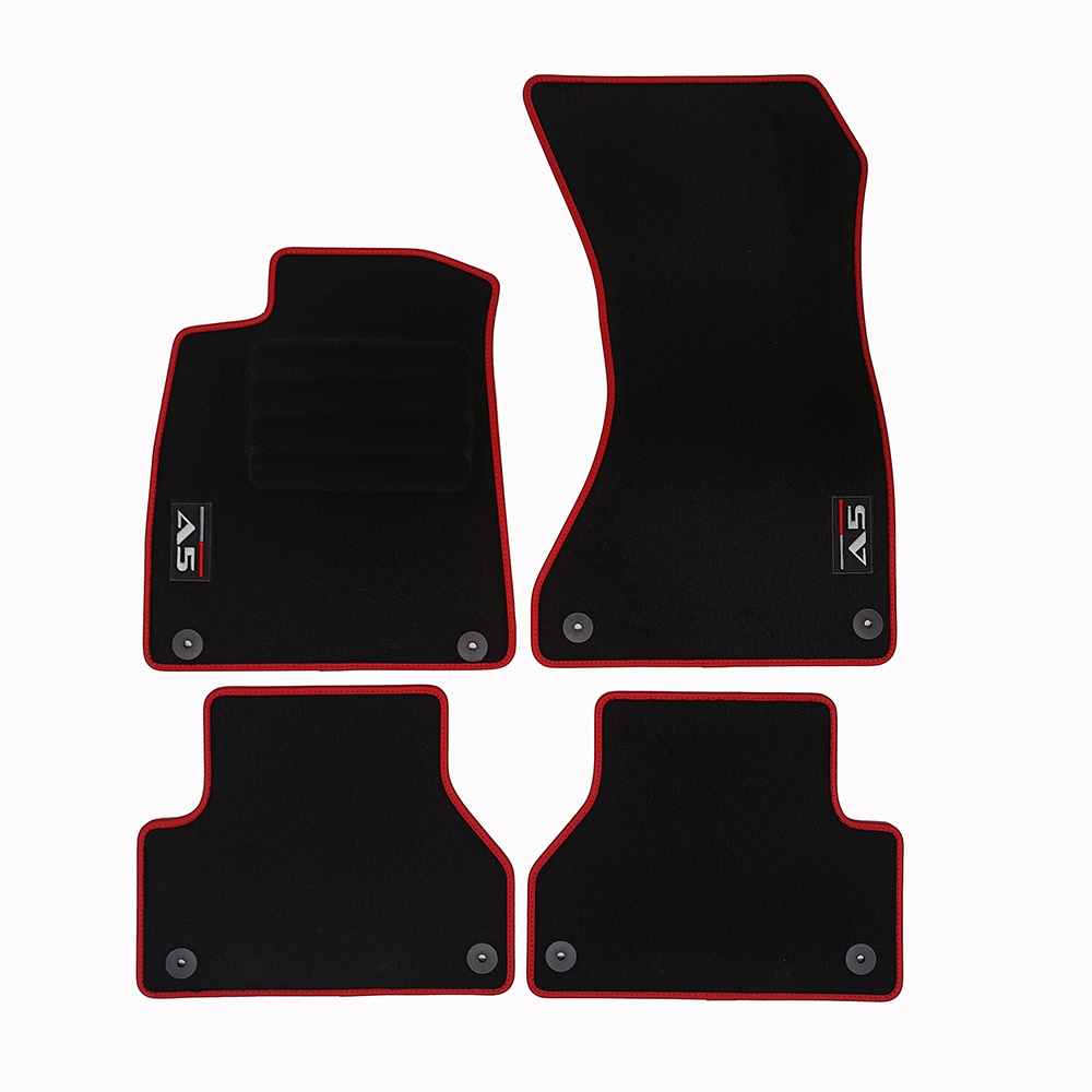 Car Lux Alfombrillas alfombras a medida para Audi A5 Sportback a partir de 2016 en moqueta velour con borde rojo y logo