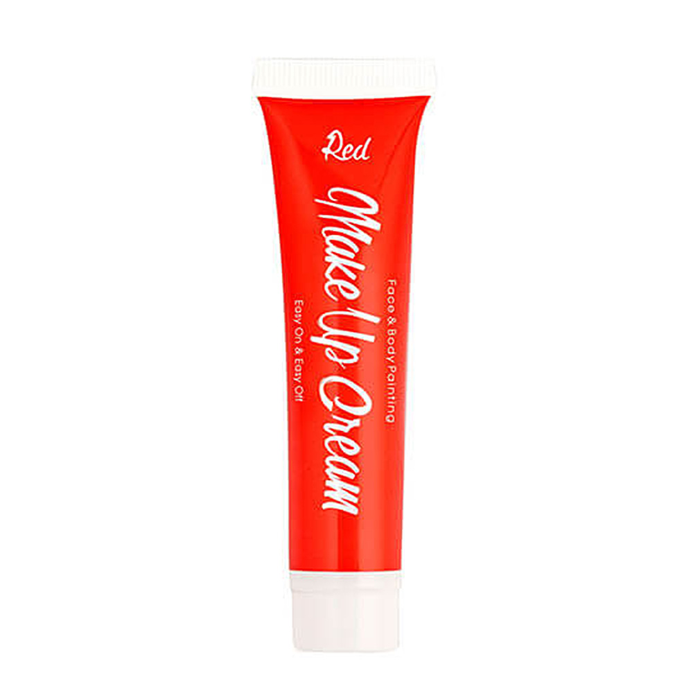 Maquillaje crema en tubo rojo.