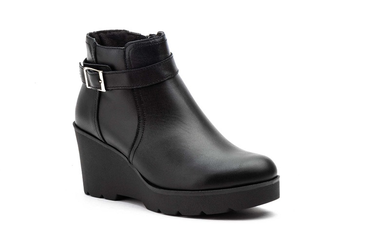 Botín Mujer Piel Negro Hebilla Cremallera Cuña 1