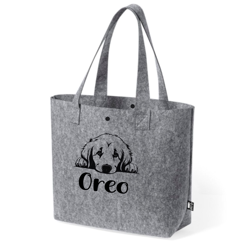 Bolso de Fieltro Reciclado Gris Personalizado con Ilustración de Raza de Perro y Nombre