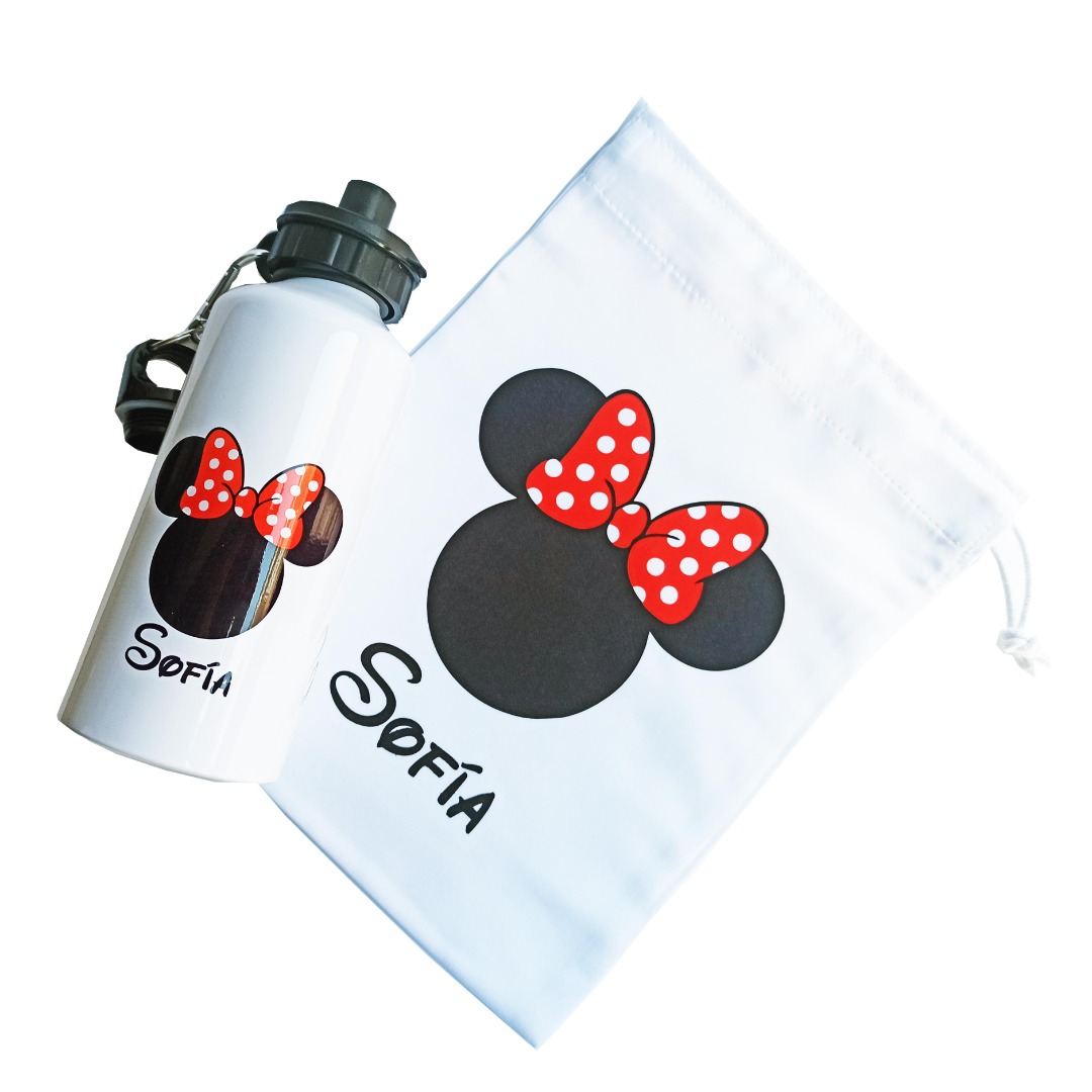 Detalles P'adul@rte Botella y bolsa desayuno personalizadas Mickey Minnie con tu nombre