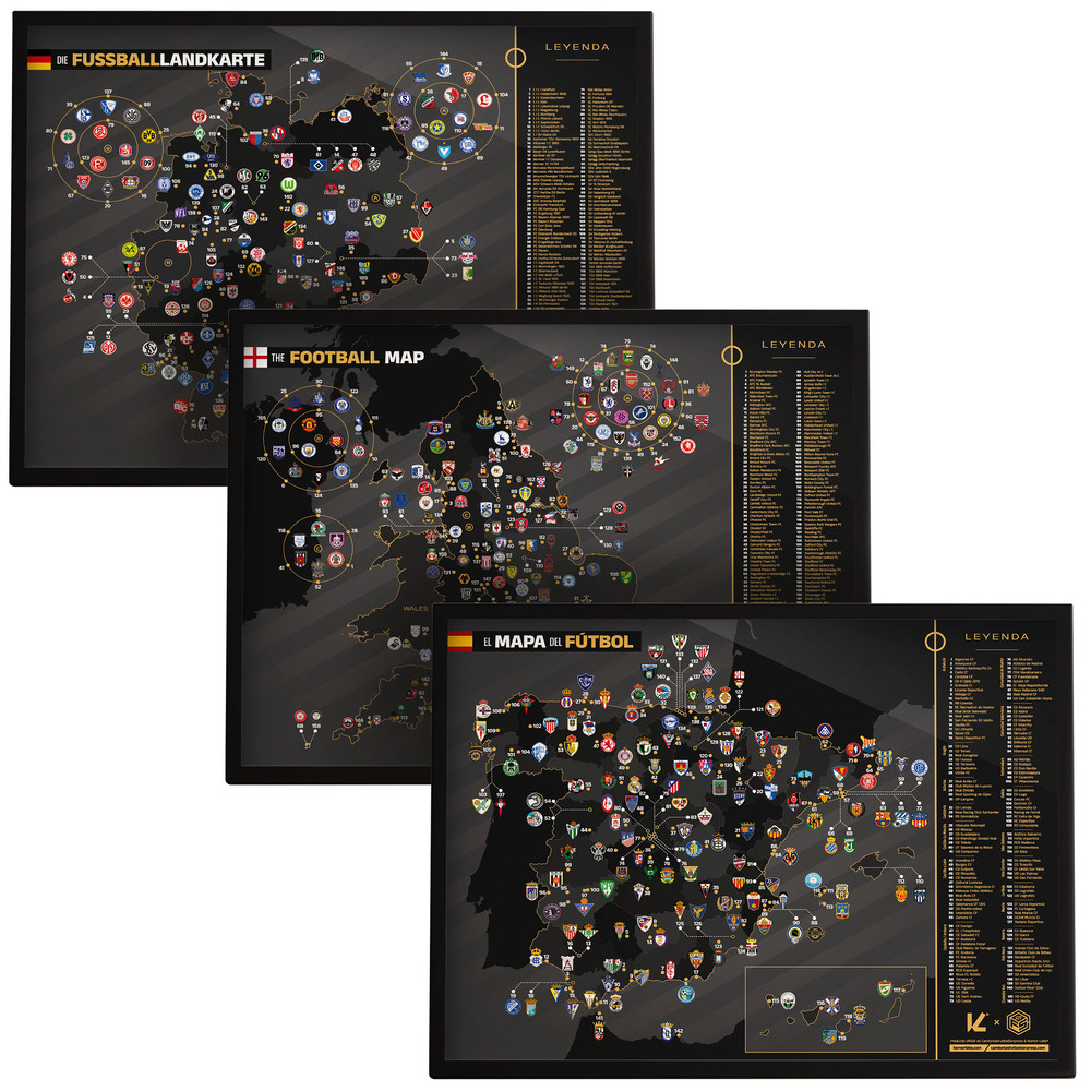 Mapa del Fútbol Enmarcado 40x30 cm - España, Inglaterra, Alemania, Italia...