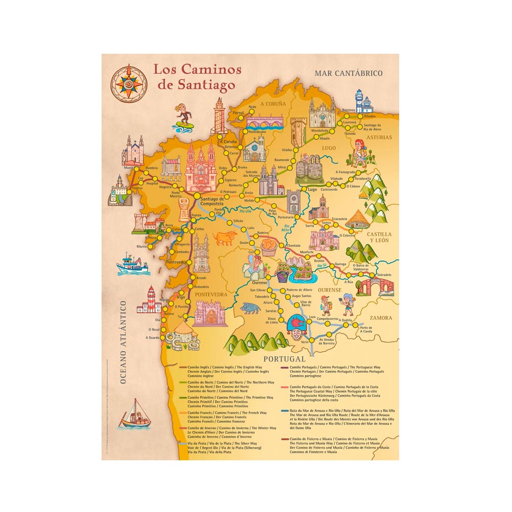 Mapa de los caminos de Santiago en Galicia