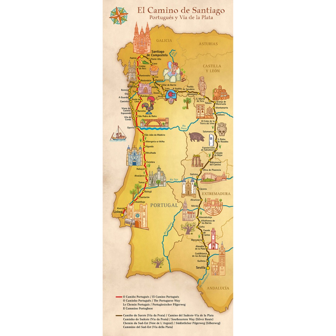 Mapa del Camino de Santiago Portugués y Vía de la Plata