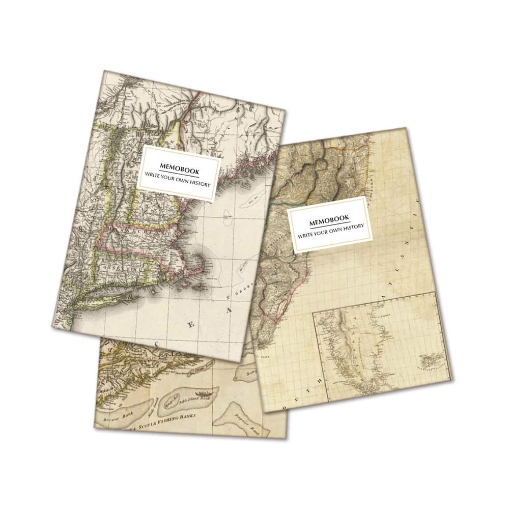 pack de 3 libretas solidarias Fundación Prodis con estampado de mapas antiguos vintage | Regalo solidario Correos