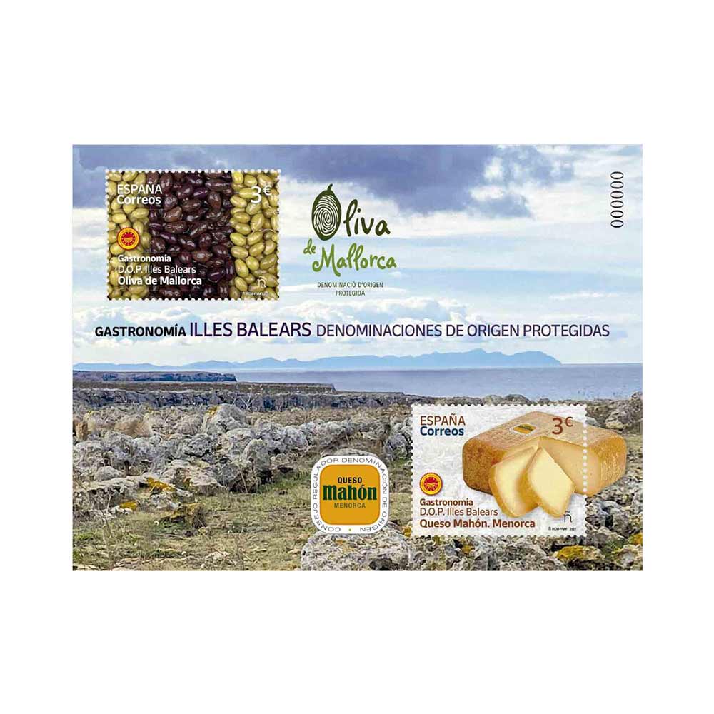 Sello Illes Balears 2021 Denominacion origen protegida Queso Mahón y Aceituna de Mallorca