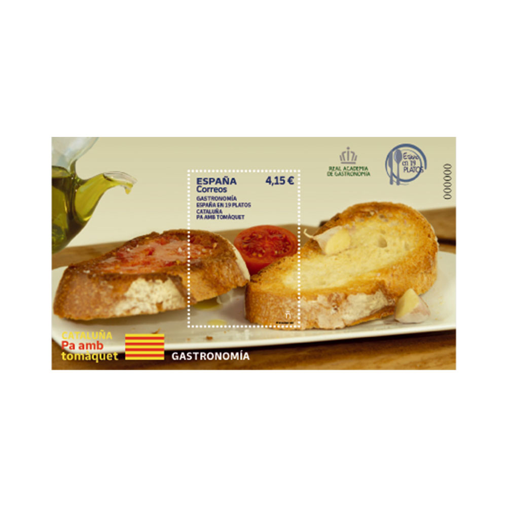 sello hoja bloque pan tumaca Cataluña gastronomía 19 platos