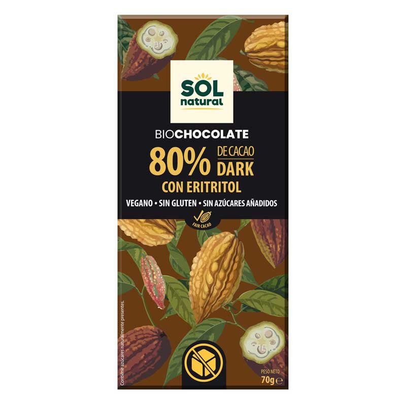 Sol Natural Tableta chocolate 80% con Eritritol bio 70g Sol Natural