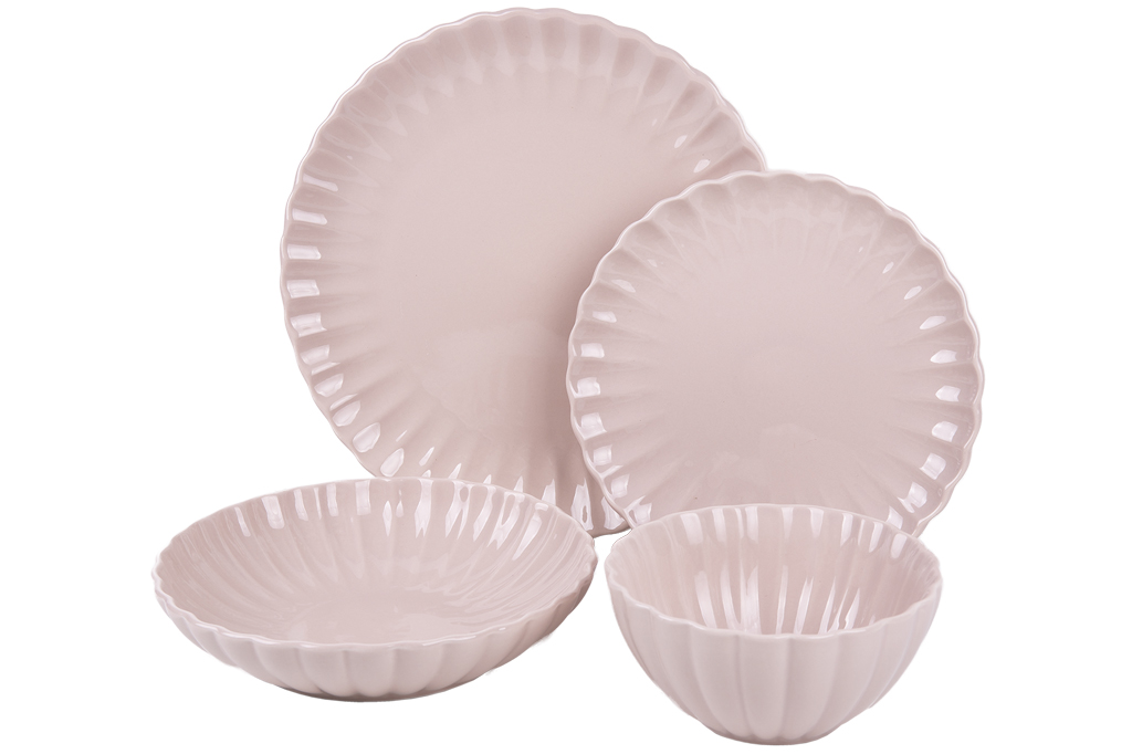 Cofan Vajilla de porcelana esmaltada en color rosa nude - Juego de 16 piezas Diseño en relieve