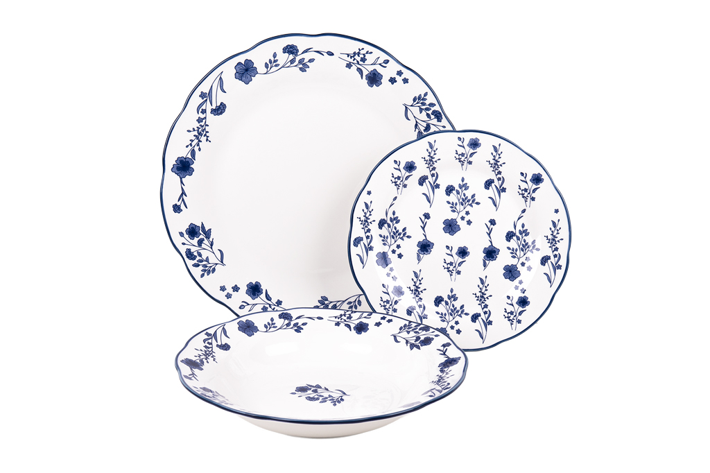 Cofan Vajilla de porcelana esmaltada - Juego de 18 piezas Diseño floral azul y blanco
