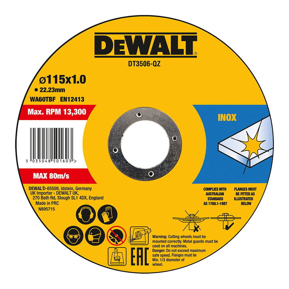 Discos de corte para acero inoxidable ø115x1x22,23mm dt3506-qz DeWALT 10 uds 1