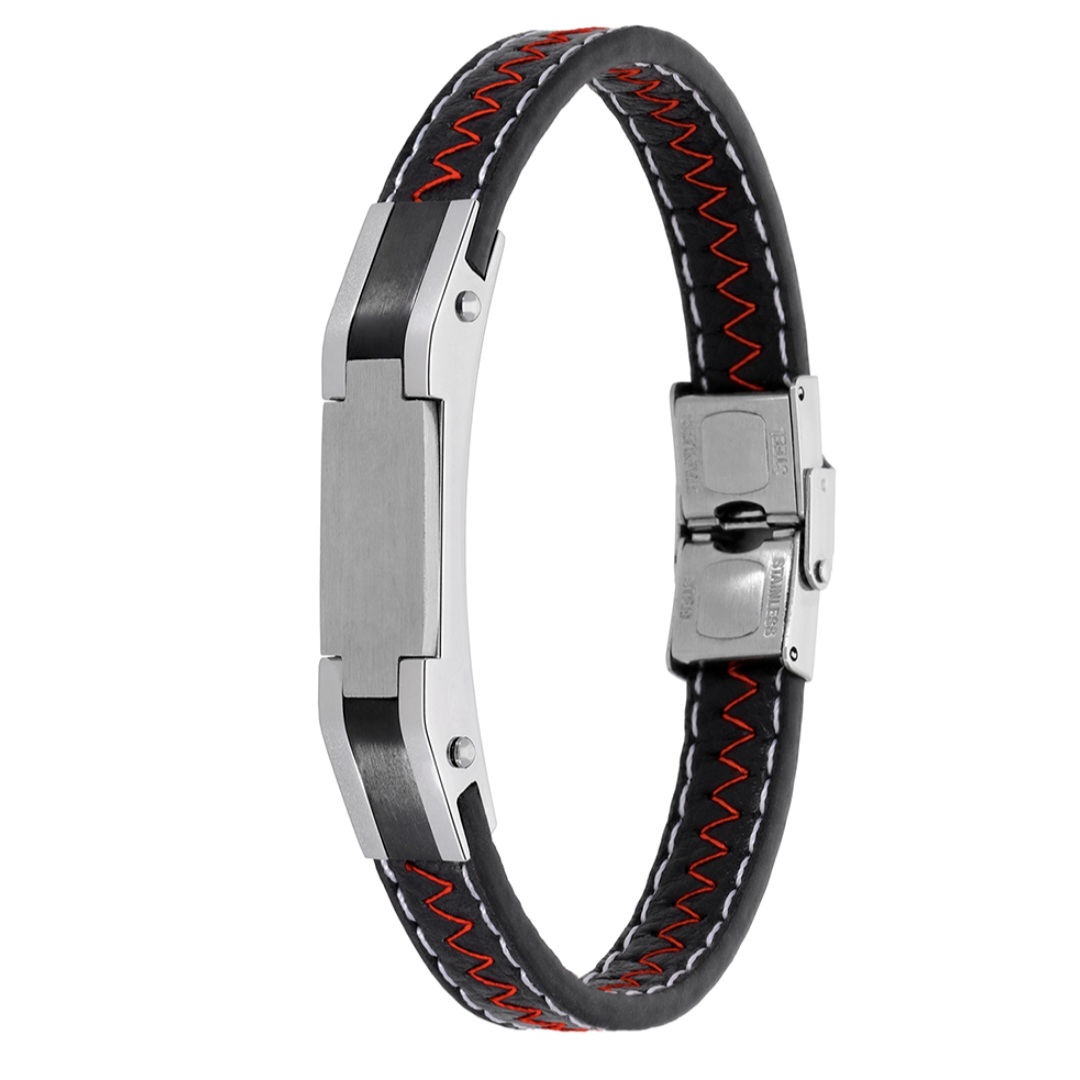 Pulsera hombre Herois acero y piel Roja