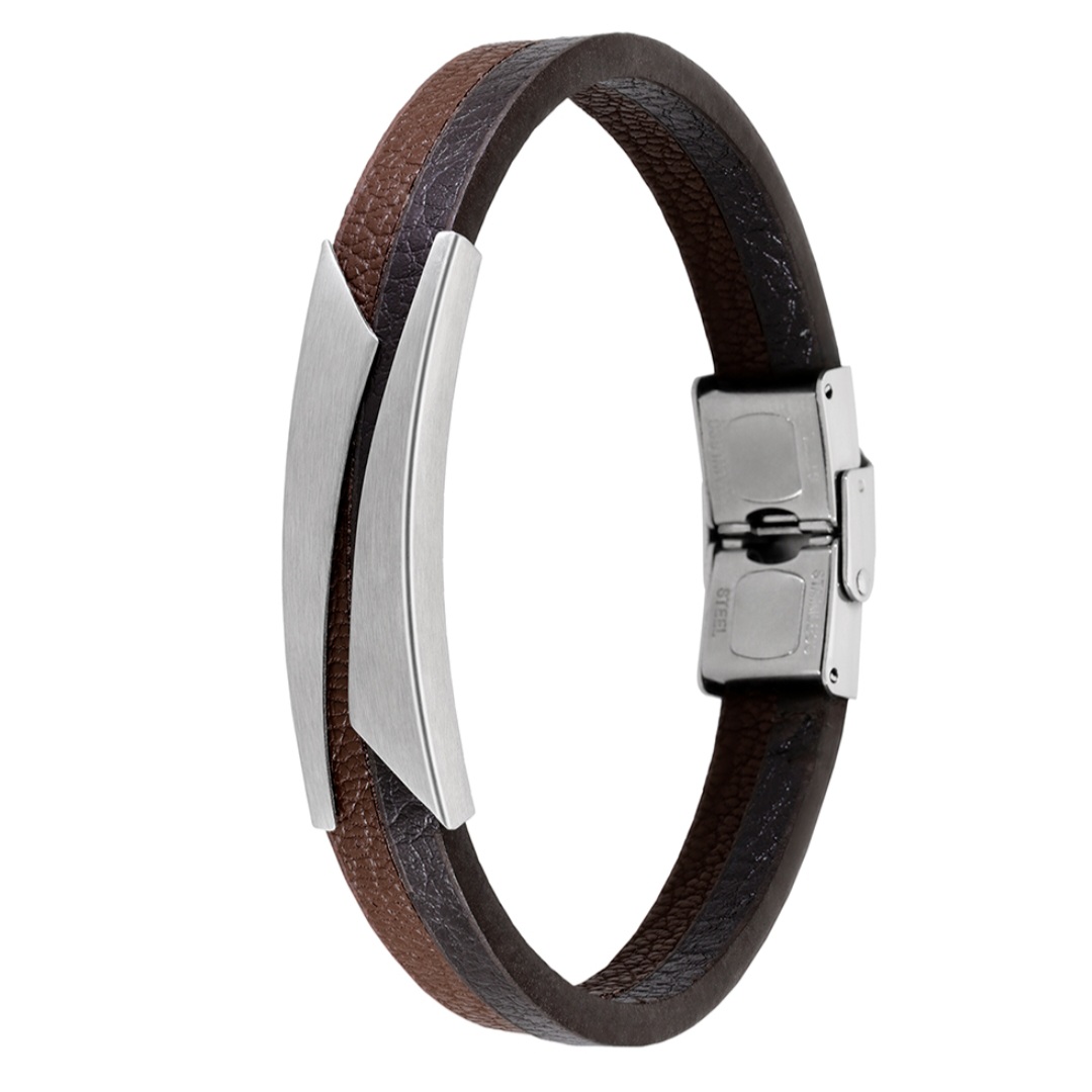 Pulsera hombre Mees piel marrón placa acero