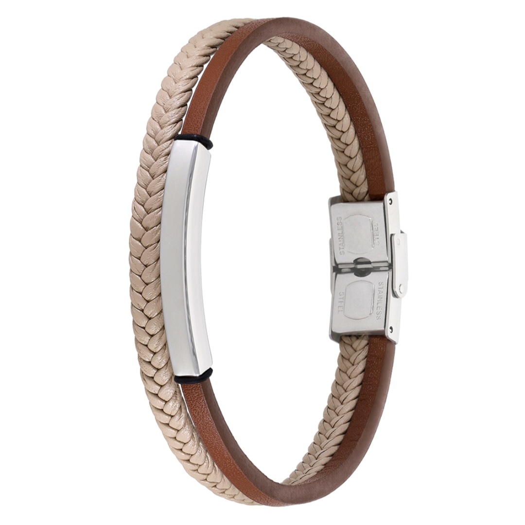 Pulsera hombre Ferfi piel marrón placa acero