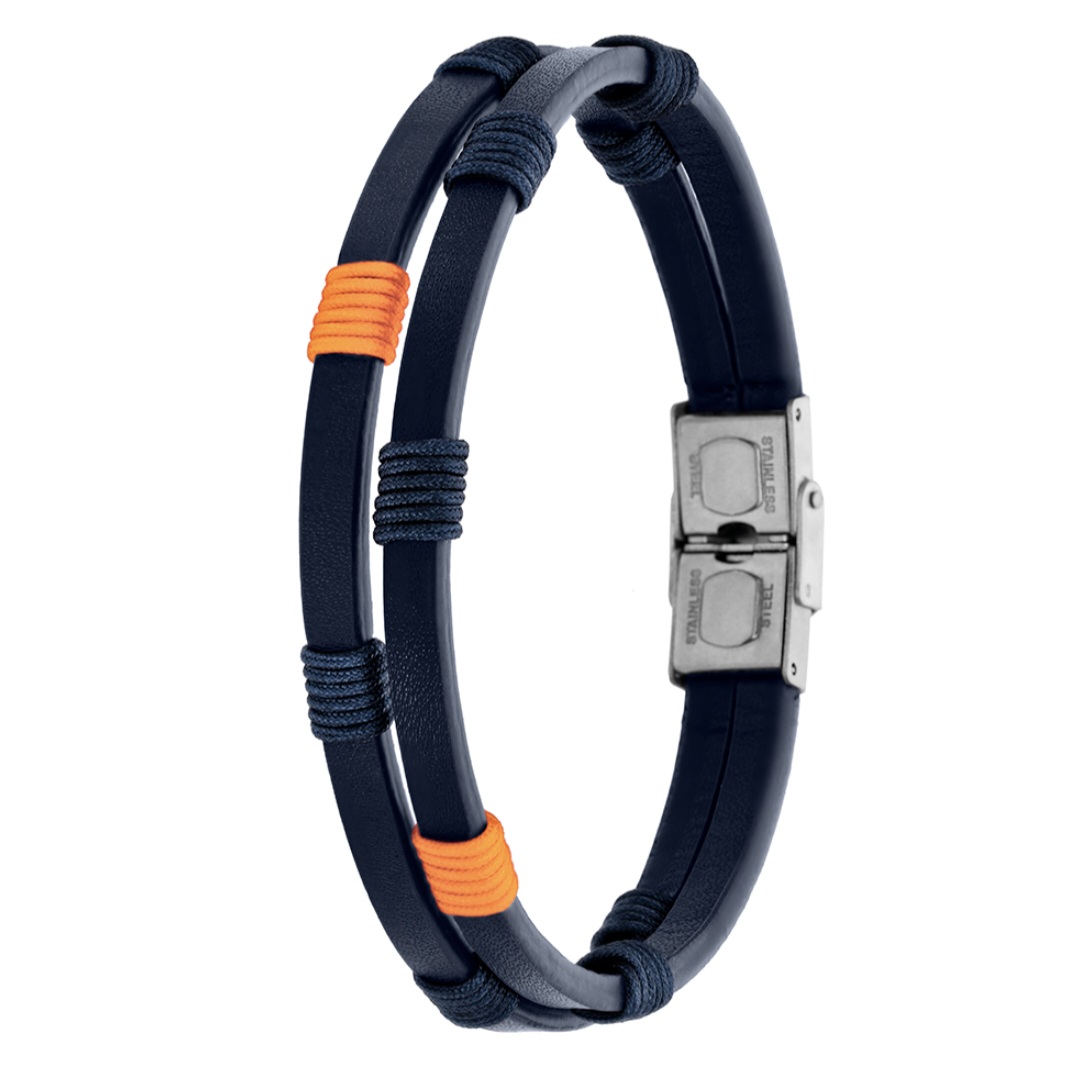 Pulsera hombre Gizon piel azul y cordón naranja