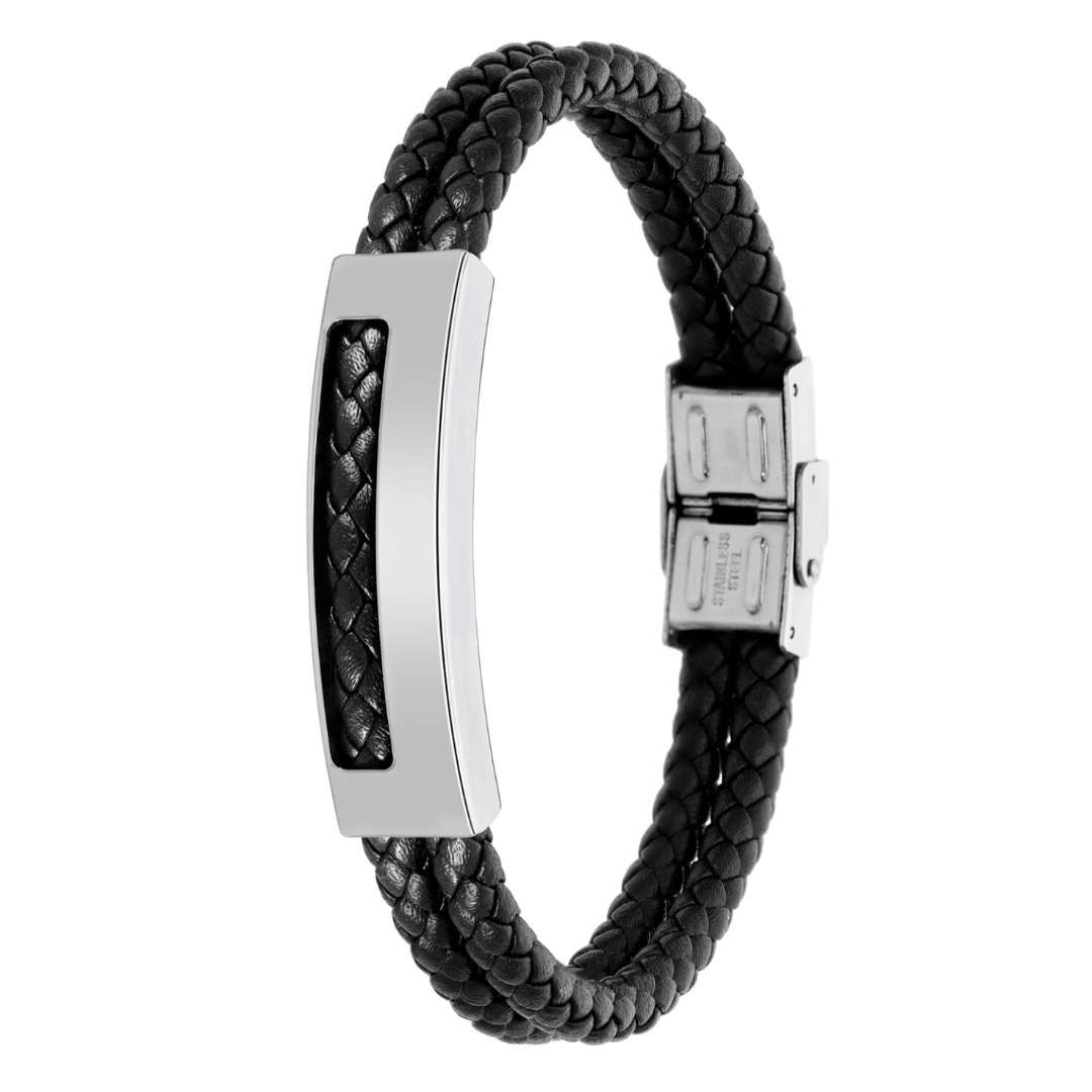 Pulsera hombre Mann acero y piel negra 1