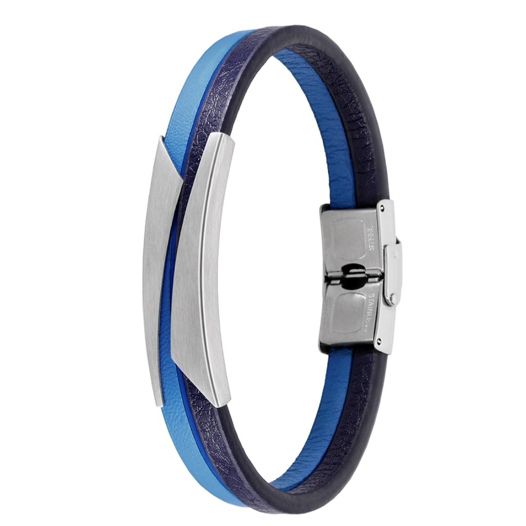 Pulsera hombre Mees piel azul placa acero
