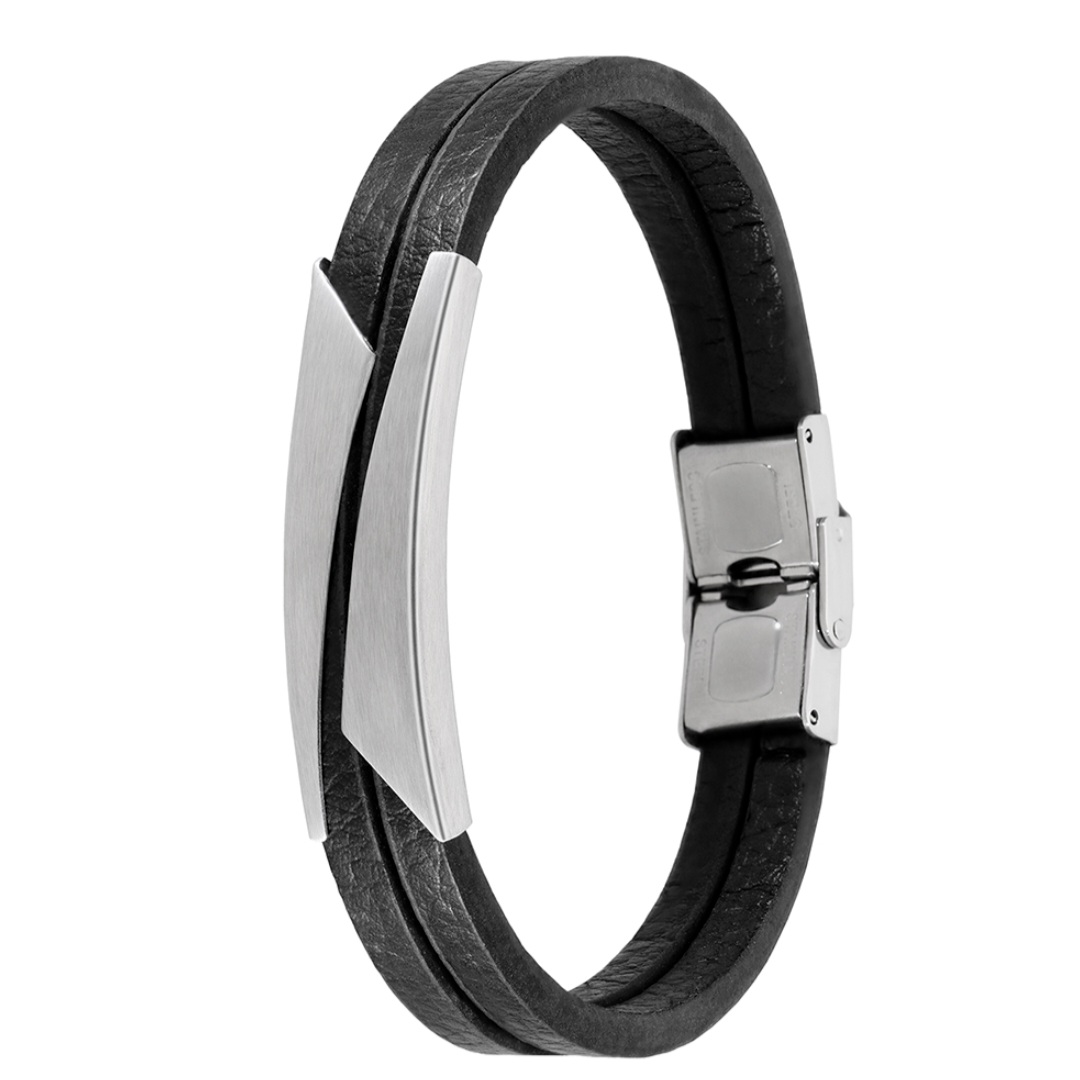 Pulsera hombre Mees piel negra placa acero