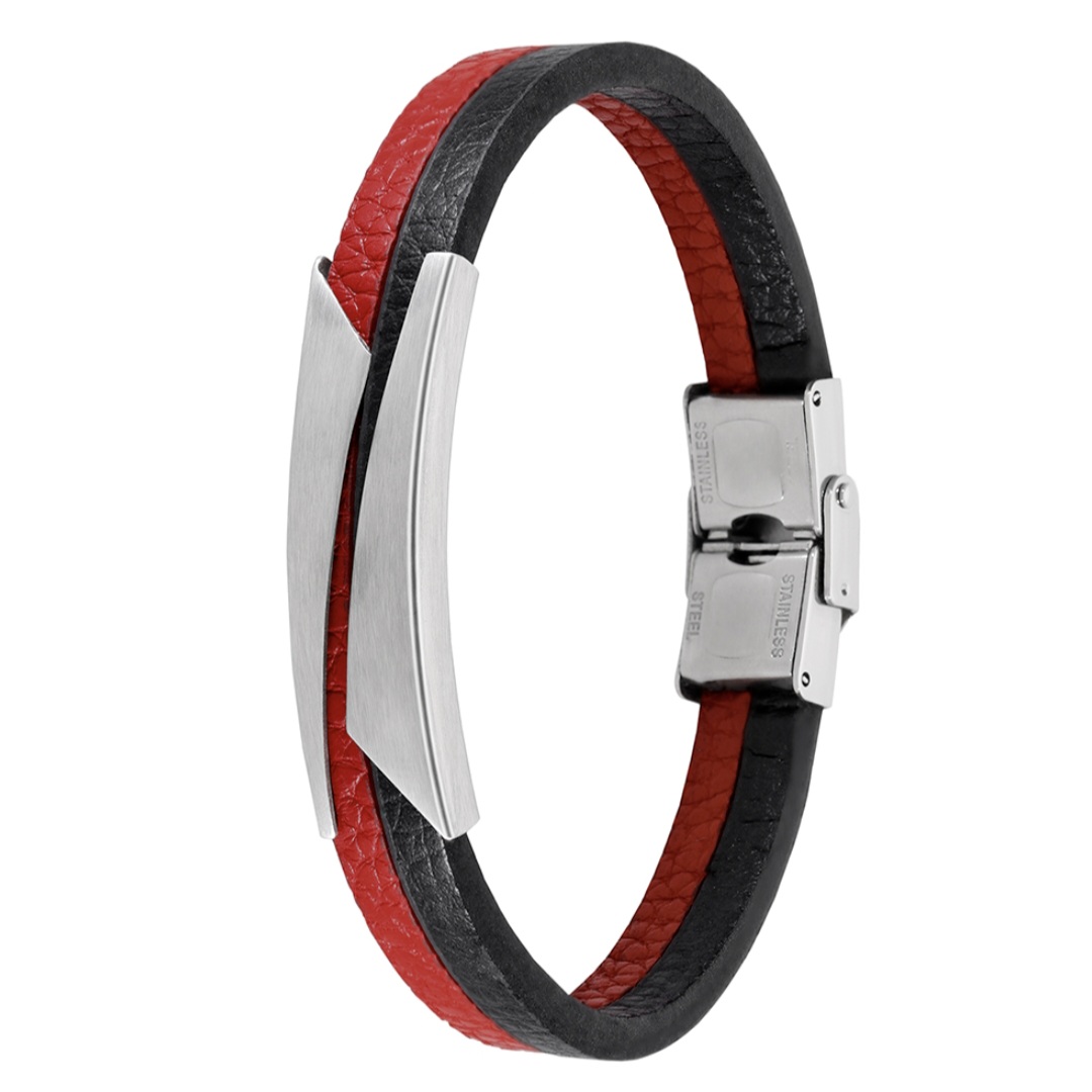 Pulsera hombre Mees piel negra y roja placa acero