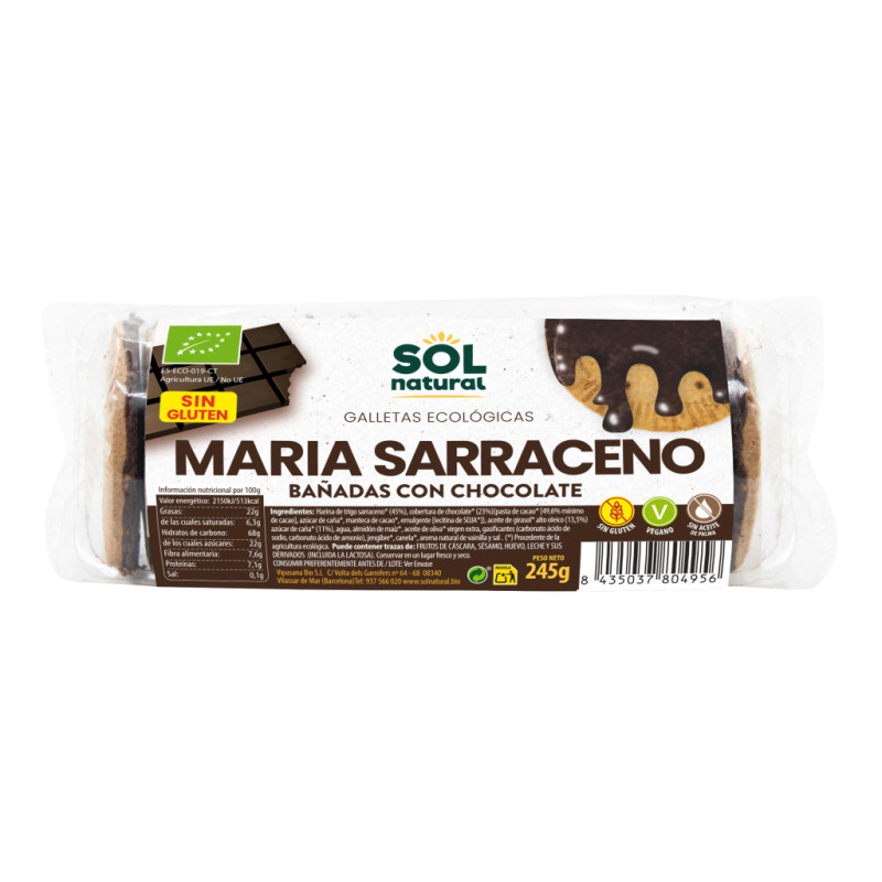 Sol Natural Galletas Marias Trigo Sarraceno bañadas de chocolate bio 245g Sol Natural