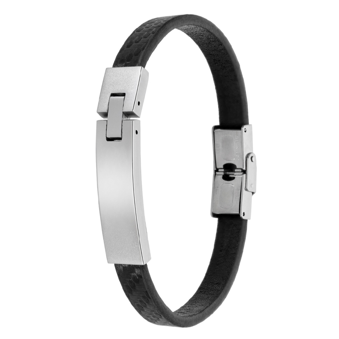 Pulsera hombre Muz piel negra placa acero