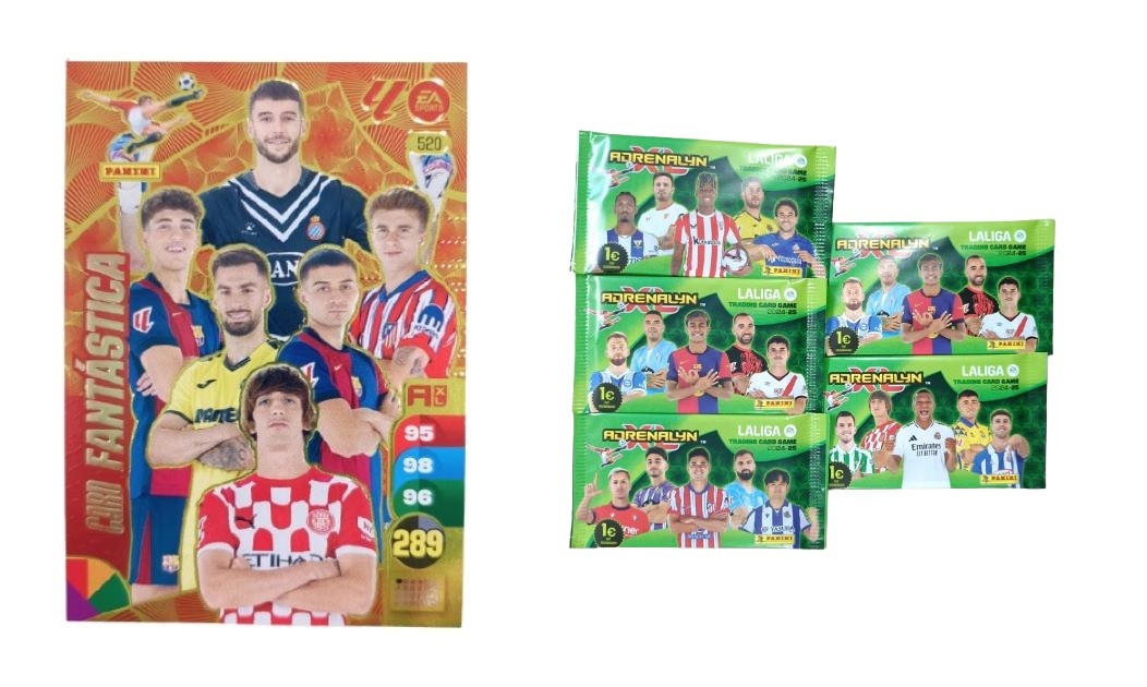 Lote Card Fantástica + 5 sobres básicos de Actualización Adrenalyn XL 2024 2025 Carta Colección Panini
