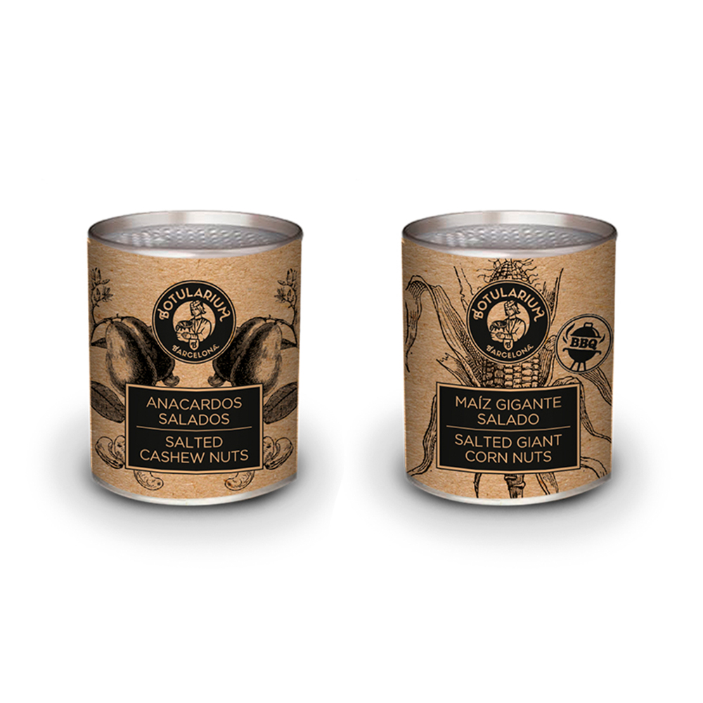 nacardos salados y Maíz gigante salado BBQ Botularium (Pack con 5 latitas minibar de cada)