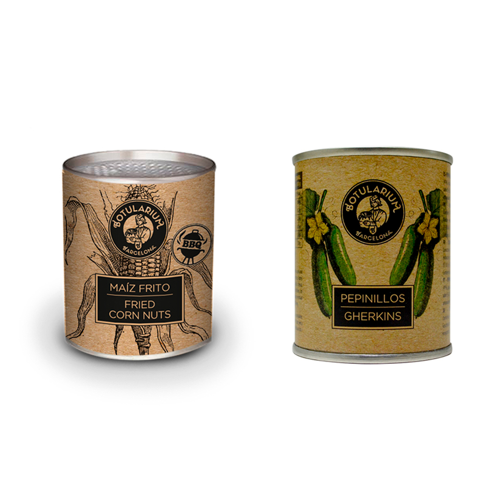 Maíz frito BBQ y Pepinillos Botularium (Pack con 5 latitas minibar de cada)