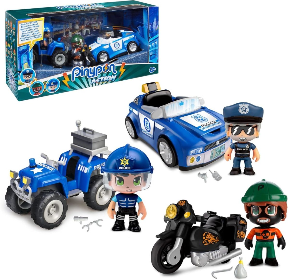 Pinypon Action Pack de Vehículos con Quad, Coche, Moto y 3 Figuras  de Famosa
