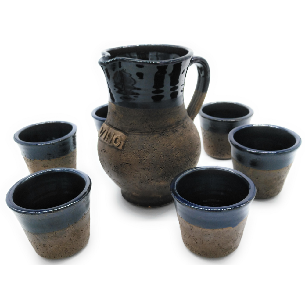 Alfarería Zabala Juego de vino con vasos de cerámica artesanal esmaltado en azul