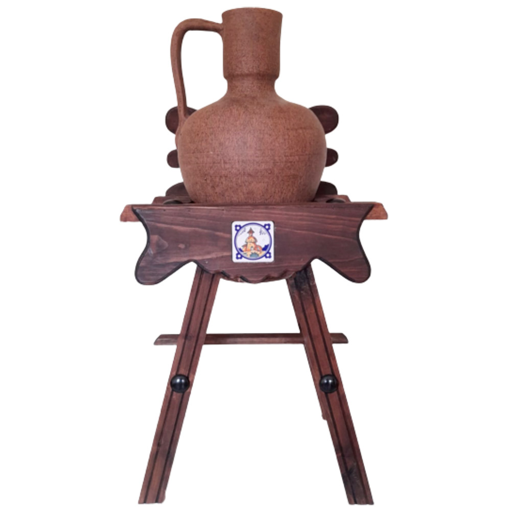 Cantarera de madera rústica con 1 cántaro rústico árabe de 1 asa