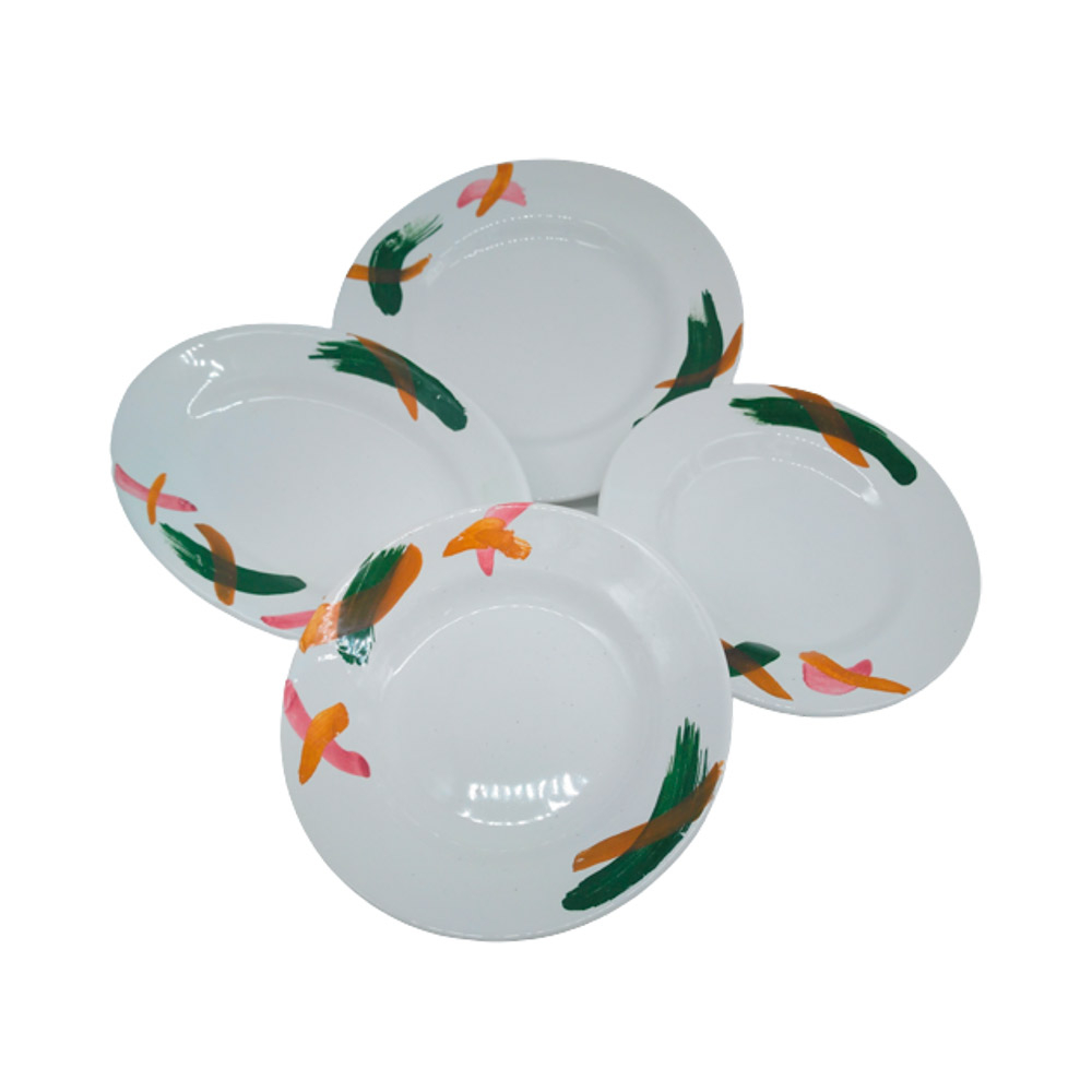 Vajilla de barro y cerámica vanguardista hecha y pintada a mano: Trazos verde-naranja-rosa
