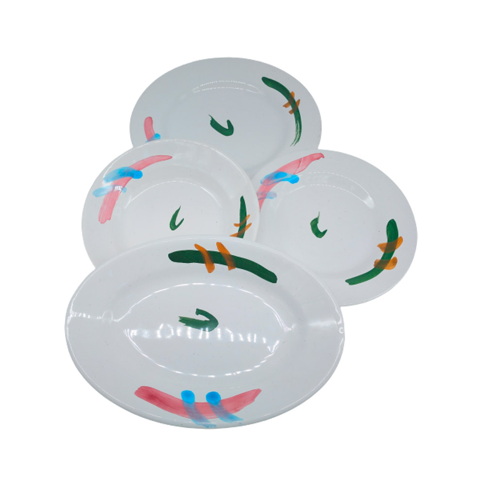 Vajilla de barro y cerámica vanguardista hecha y pintada a mano: Trazos verde-rosa-azul-naranja