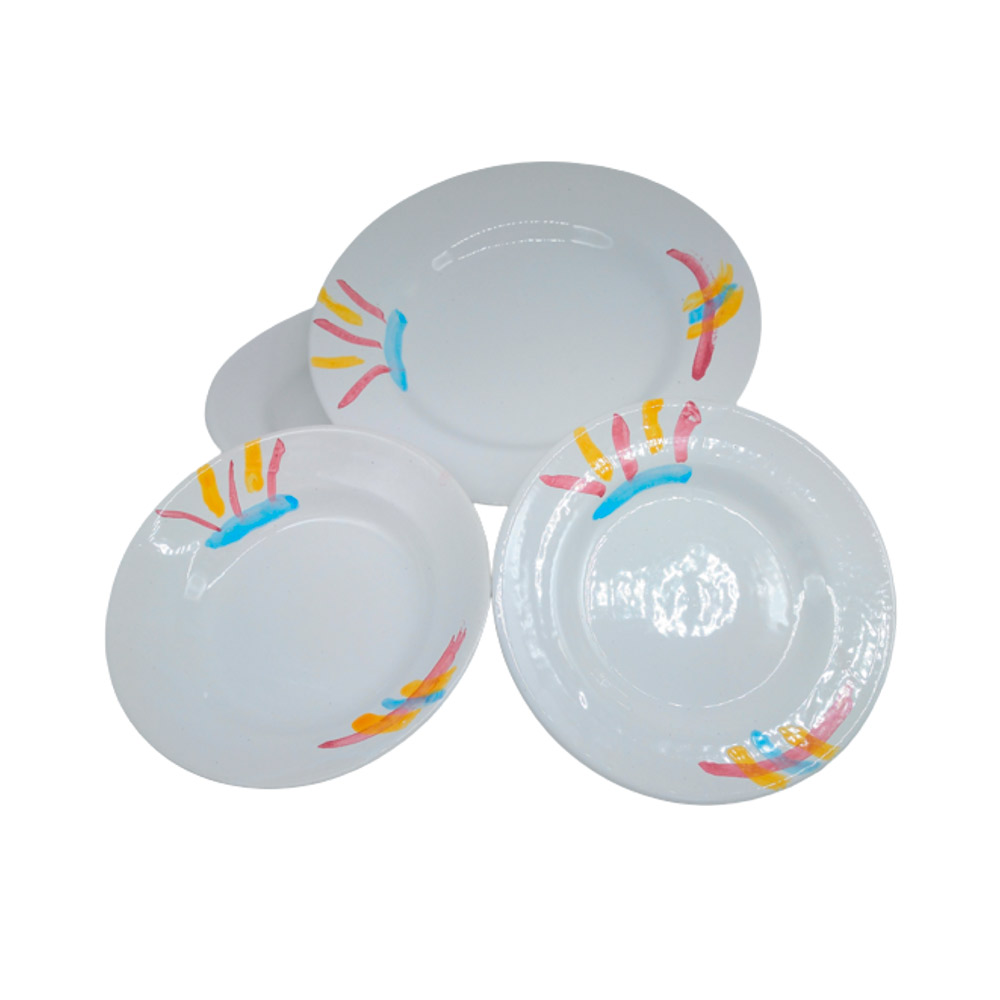 Vajilla de barro y cerámica vanguardista hecha y pintada a mano 40 piezas: Trazos amarillo-azul-rosa