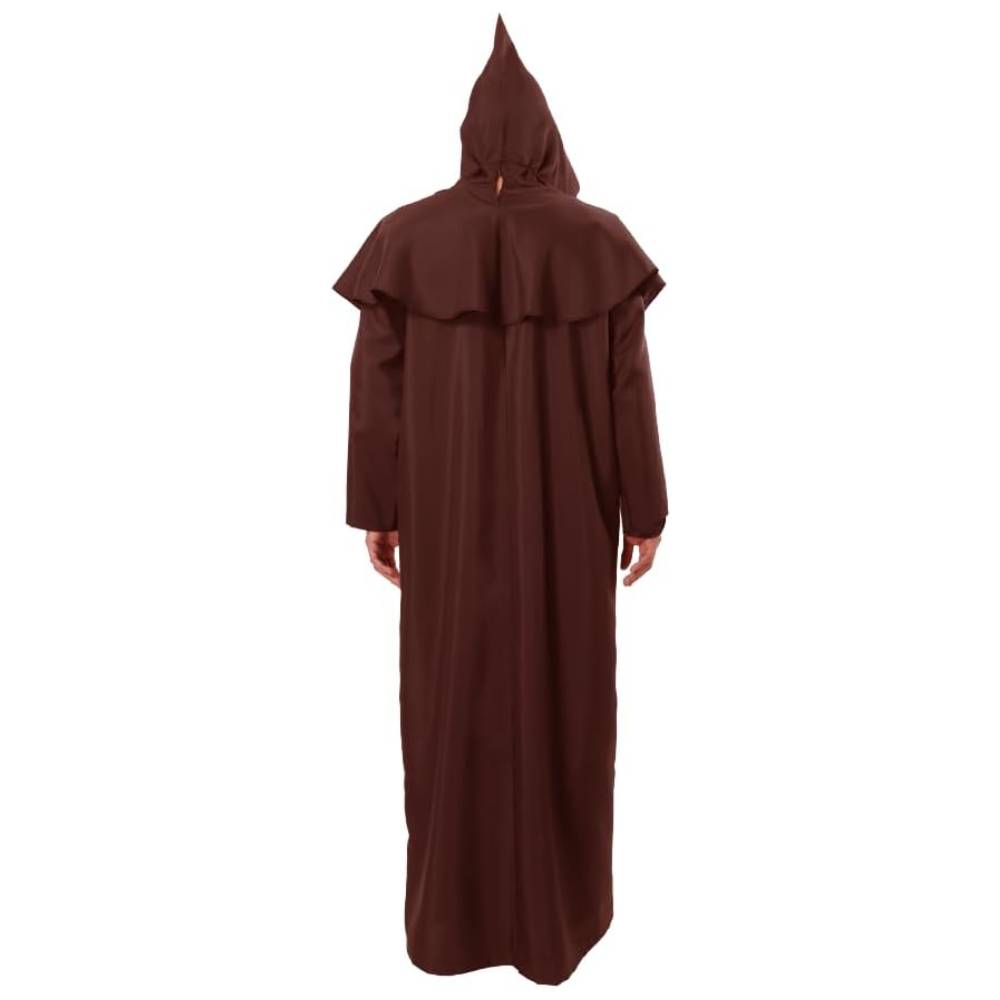 🧙 Disfraz De Monje Medieval Para Hombre – Túnica Con Capucha Desmontable, Collar De Cruz De Madera Y Cinturón De Cuerda, Disponible En Tallas S/M/L, Ideal Para Halloween, Cosplay Y Teatro
