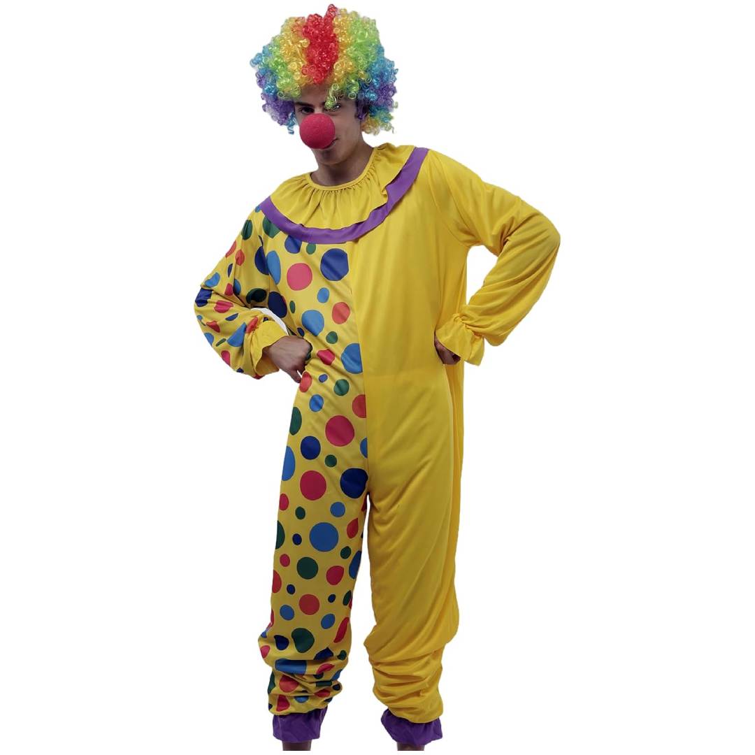 Disfraz Payaso Circo Hombre Mono Enterizo con Lunares Peluca Nariz Fiesta