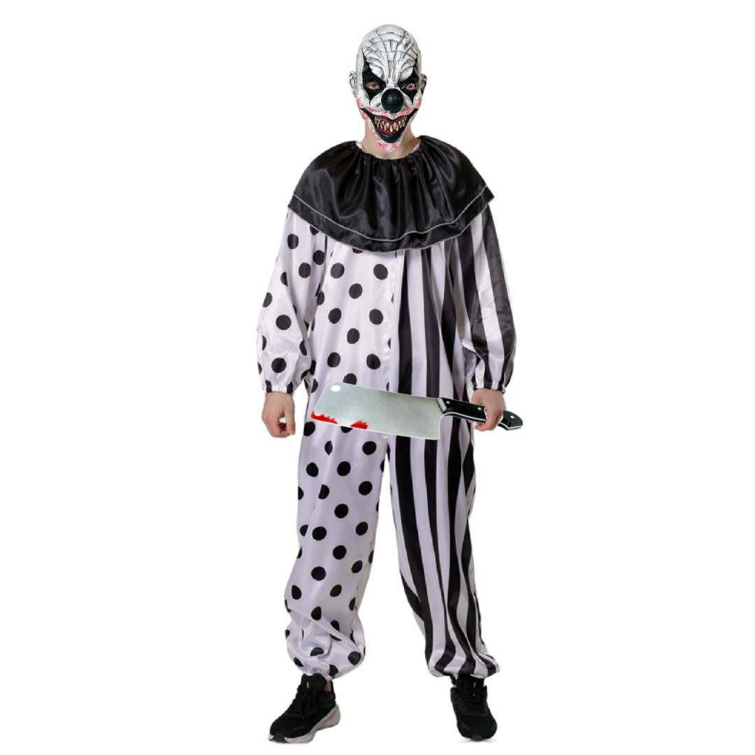 Disfraz Payaso Terror Hombre Mono Blanco Negro con Máscara Guantes