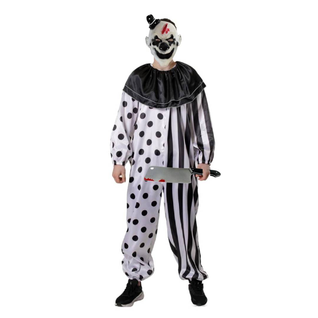 Disfraz Payaso Terror con Mascara Látex Hombre Mono Enterizo Blanco y Negro