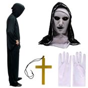 miniatura Kit de Halloween de Monja Macabra con Túnica, Máscara de Látex y Cruz - Unisex