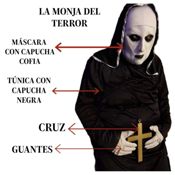 miniatura Disfraz de la monja del terror. Incluye una túnica con capucha, máscara de látex Guantes y cruz.