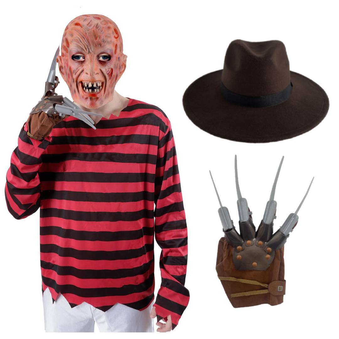 Disfraz de Freddy Krueger Hombre Adulto - Máscara de Látex Camisa Garra Sombrero Marrón